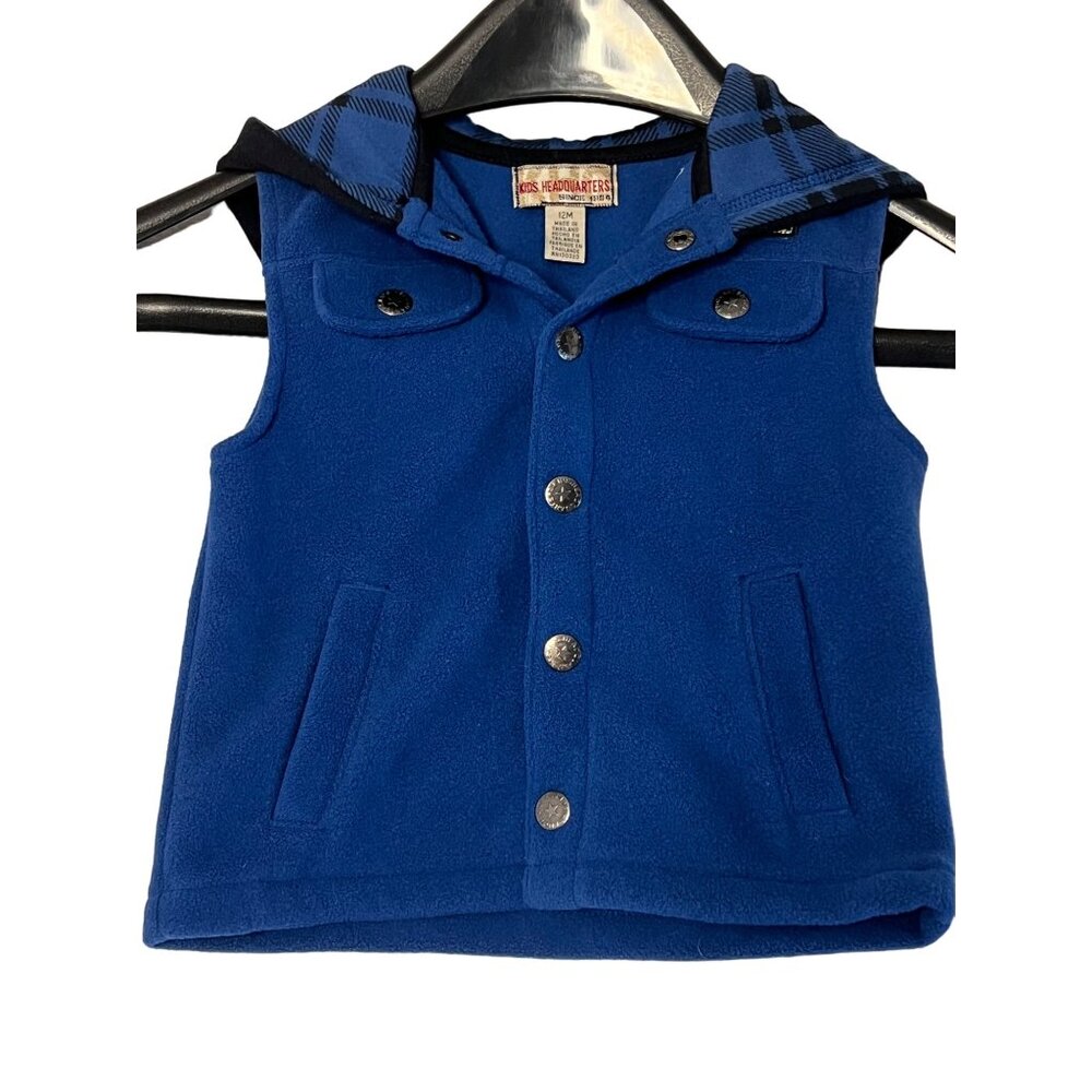 Kids Headquarters Blue Fleece Sleeveless Vest With Hood & Snap Button Front 12M